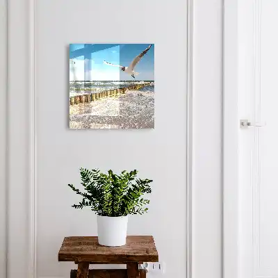 Tableau paysage marin avec mouette sur la plage