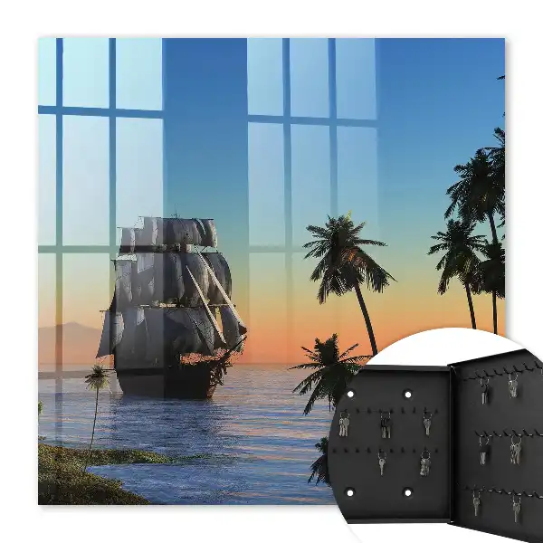 Tableau décoratif voilier en mer avec soleil et palmier