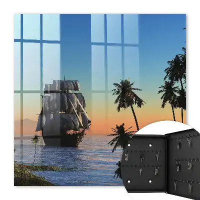 Tableau décoratif voilier en mer avec soleil et palmier