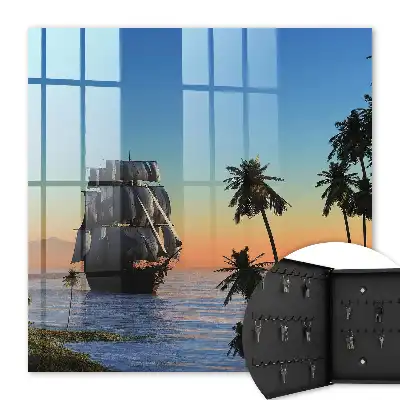 Tableau décoratif voilier en mer avec soleil et palmier