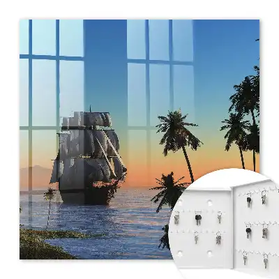 Tableau décoratif voilier en mer avec soleil et palmier