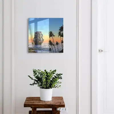 Tableau décoratif voilier en mer avec soleil et palmier