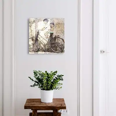 Tableau Des enfants et un vélo sur un vieux mur