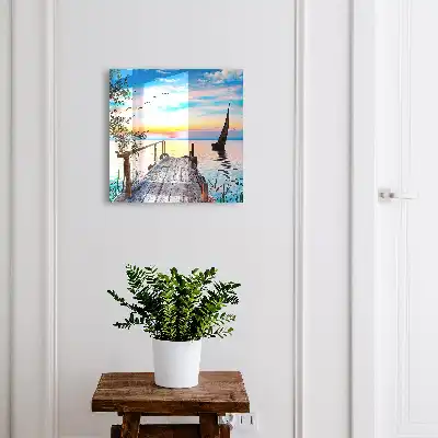 Tableau paysage paisible d'un lac avec un voilier