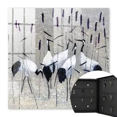 Grues et roseaux dans un paysage pastel