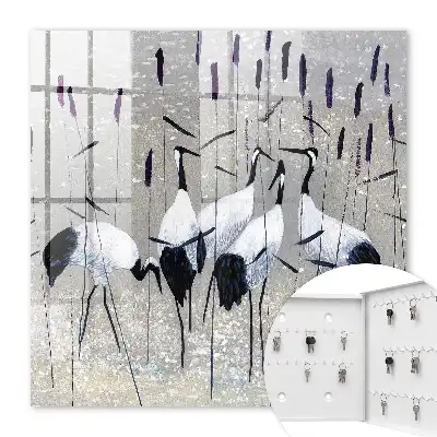 Grues et roseaux dans un paysage pastel
