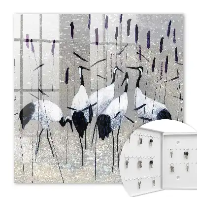 Grues et roseaux dans un paysage pastel
