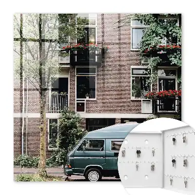Paysage urbain avec fourgonnette bleue