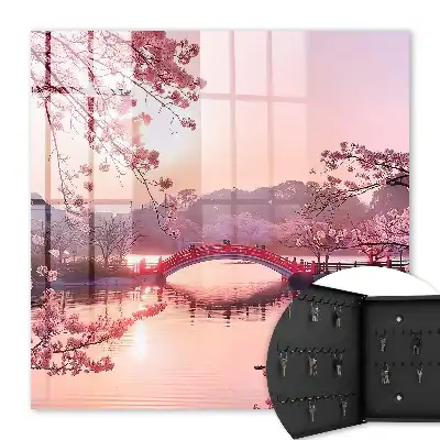 Pont printanier bordé de cerisiers sous le soleil