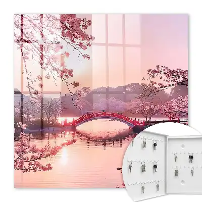 Pont printanier bordé de cerisiers sous le soleil