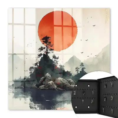 Paysage de montagne avec un soleil rouge