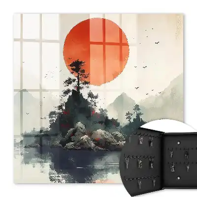 Paysage de montagne avec un soleil rouge