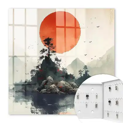 Paysage de montagne avec un soleil rouge
