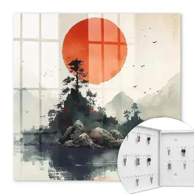 Paysage de montagne avec un soleil rouge