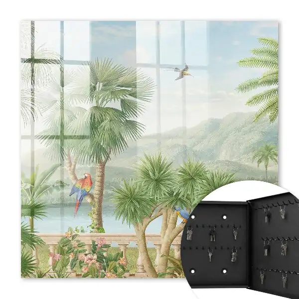 Paradis tropical avec palmiers et perroquets