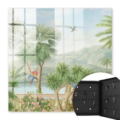Paradis tropical avec palmiers et perroquets