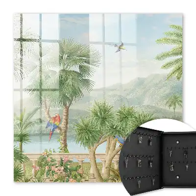 Paradis tropical avec palmiers et perroquets