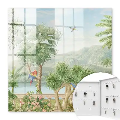 Paradis tropical avec palmiers et perroquets