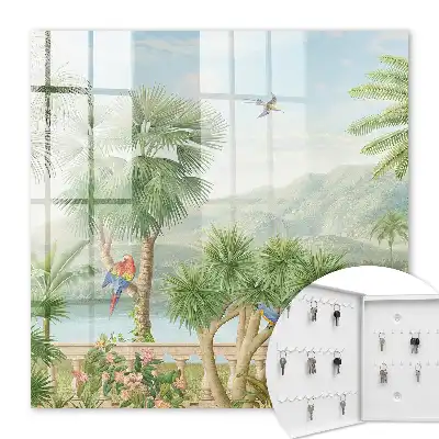 Paradis tropical avec palmiers et perroquets