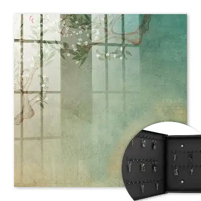 Tableau représentant un arbre en fleurs sur fond turquoise