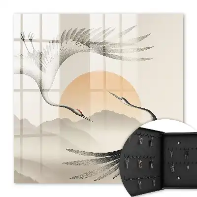 Tableau Grues japonaises sur fond de soleil levant