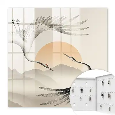 Tableau Grues japonaises sur fond de soleil levant