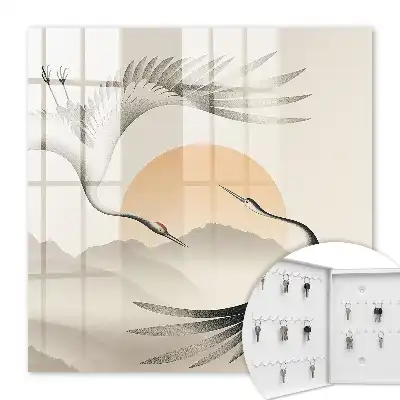 Tableau Grues japonaises sur fond de soleil levant