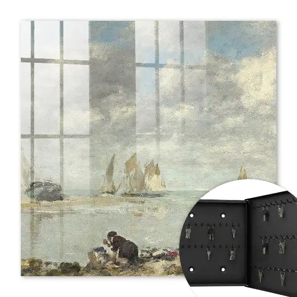 Tableau de voiliers avec des personnages sur le rivage