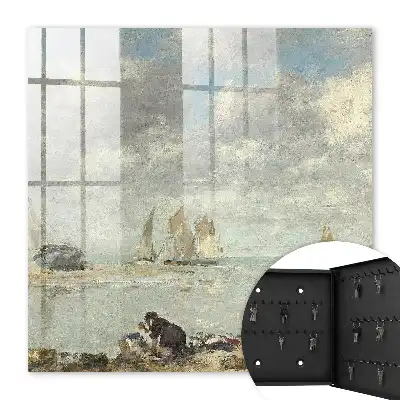 Tableau de voiliers avec des personnages sur le rivage