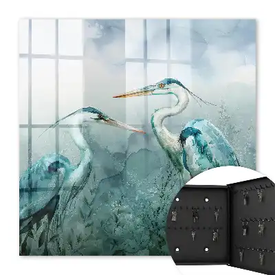Tableau aquarelle de hérons dans la verdure