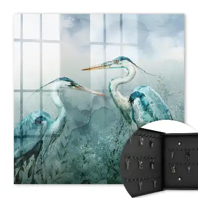 Tableau aquarelle de hérons dans la verdure