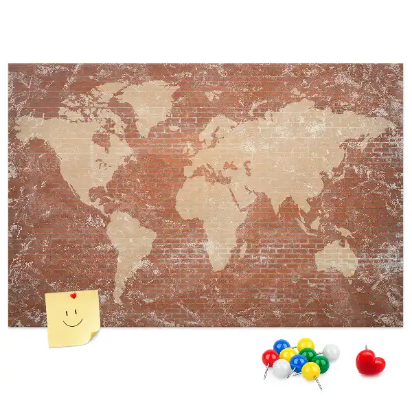 Tableau d’affichage en liège Carte du Monde sur brique