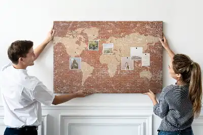 Tableau d’affichage en liège Carte du Monde sur brique