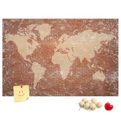 Tableau d’affichage en liège Carte du Monde sur brique