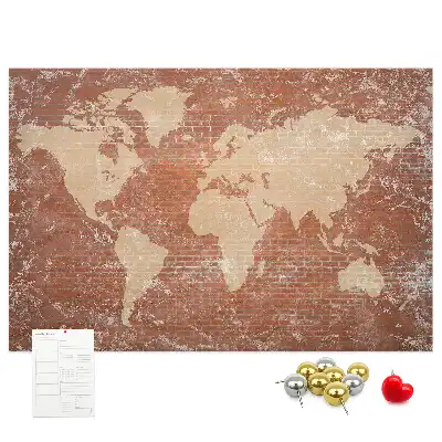 Tableau d’affichage en liège Carte du Monde sur brique