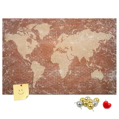 Tableau d’affichage en liège Carte du Monde sur brique