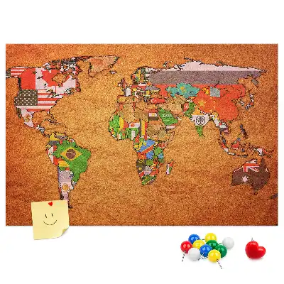 Tableau en liège déco Carte du Monde avec drapeaux
