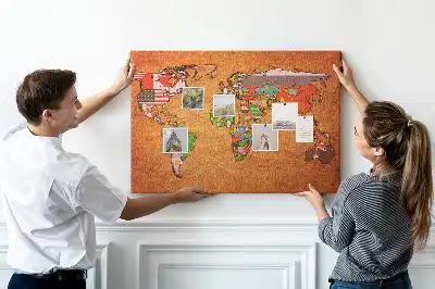 Tableau en liège déco Carte du Monde avec drapeaux