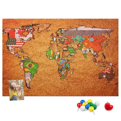 Tableau en liège déco Carte du Monde avec drapeaux