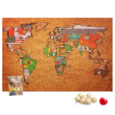 Tableau en liège déco Carte du Monde avec drapeaux