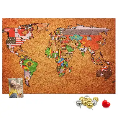 Tableau en liège déco Carte du Monde avec drapeaux