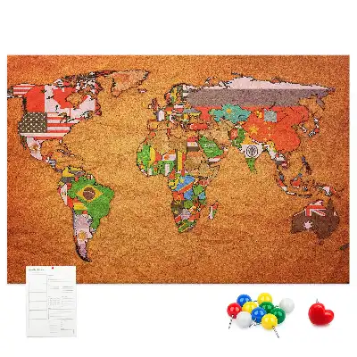 Tableau en liège déco Carte du Monde avec drapeaux