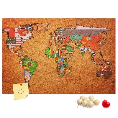 Tableau en liège déco Carte du Monde avec drapeaux