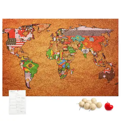 Tableau en liège déco Carte du Monde avec drapeaux