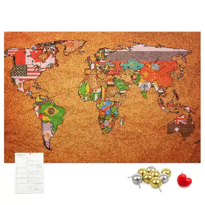 Tableau en liège déco Carte du Monde avec drapeaux
