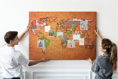 Tableau en liège déco Carte du Monde avec drapeaux