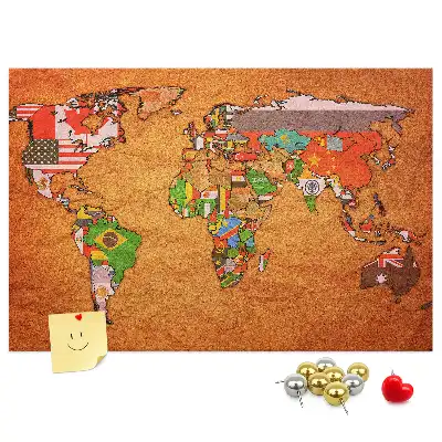 Tableau en liège déco Carte du Monde avec drapeaux