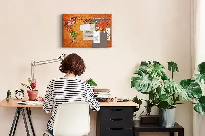 Tableau en liège déco Carte du Monde avec drapeaux
