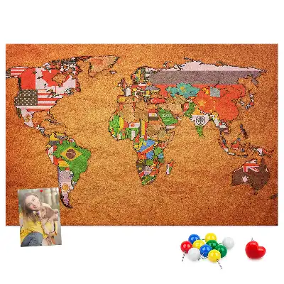 Tableau en liège déco Carte du Monde avec drapeaux