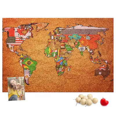 Tableau en liège déco Carte du Monde avec drapeaux